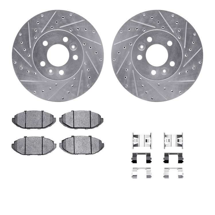7512-56085 Drilled/Slotted Brake Rotors w/5000 Advanced Brake Pads Kit & Hardware [Silver], 1998-2002 Ford/Lincoln/Mercury/Mazda