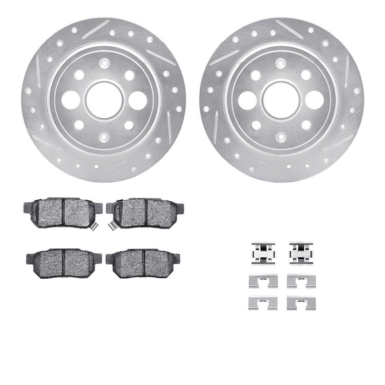 7512-58000 Drilled/Slotted Brake Rotors w/5000 Advanced Brake Pads Kit & Hardware [Silver], 1986-1989 Acura/Honda, Position: Rea