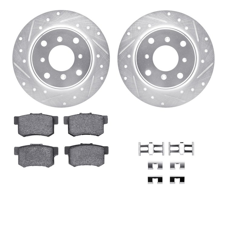 7512-58002 Drilled/Slotted Brake Rotors w/5000 Advanced Brake Pads Kit & Hardware [Silver], 1987-1990 Acura/Honda, Position: Rea