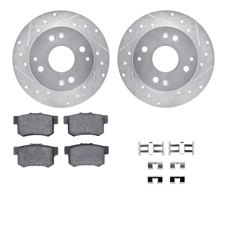 7512-58006 Drilled/Slotted Brake Rotors w/5000 Advanced Brake Pads Kit & Hardware [Silver], 1992-1994 Acura/Honda, Position: Rea