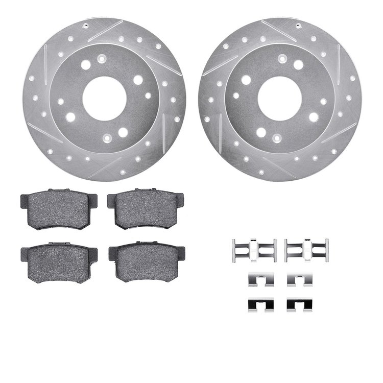 7512-58008 Drilled/Slotted Brake Rotors w/5000 Advanced Brake Pads Kit & Hardware [Silver], 1995-1998 Acura/Honda, Position: Rea
