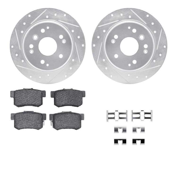7512-58012 Drilled/Slotted Brake Rotors w/5000 Advanced Brake Pads Kit & Hardware [Silver], 2004-2008 Acura/Honda, Position: Rea