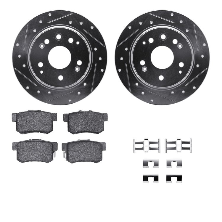 7512-58014 Drilled/Slotted Brake Rotors w/5000 Advanced Brake Pads Kit & Hardware [Silver], 1999-2003 Acura/Honda, Position: Rea