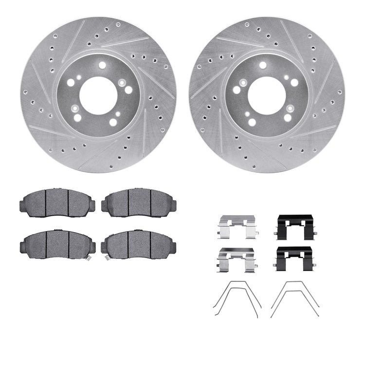 7512-58015 Drilled/Slotted Brake Rotors w/5000 Advanced Brake Pads Kit & Hardware [Silver], 1999-2004 Acura/Honda, Position: Fro