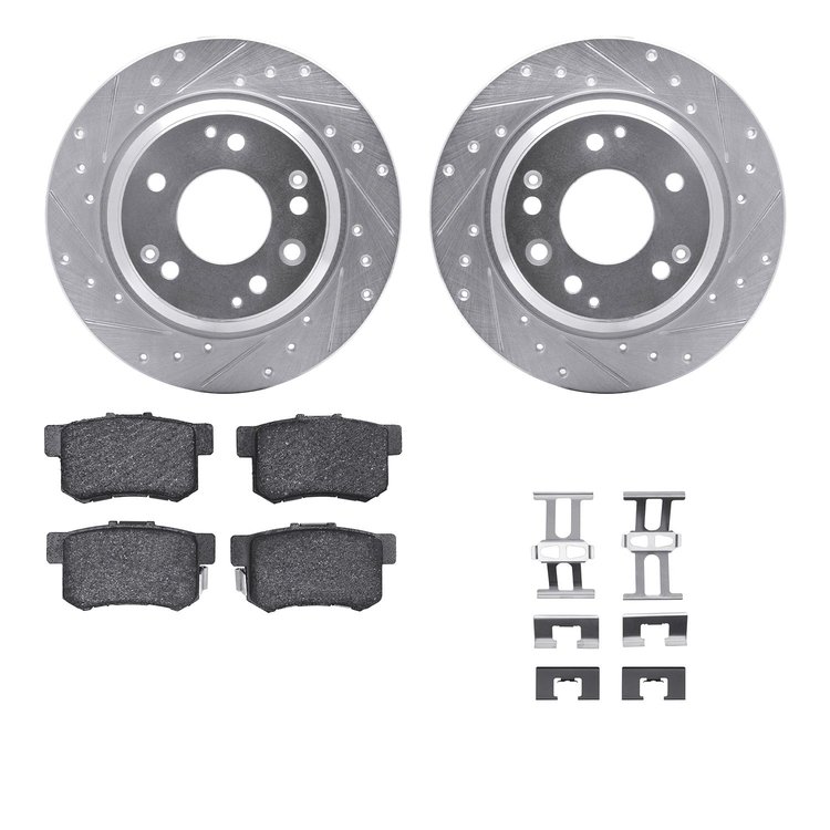 7512-58016 Drilled/Slotted Brake Rotors w/5000 Advanced Brake Pads Kit & Hardware [Silver], 1999-2001 Acura/Honda, Position: Rea