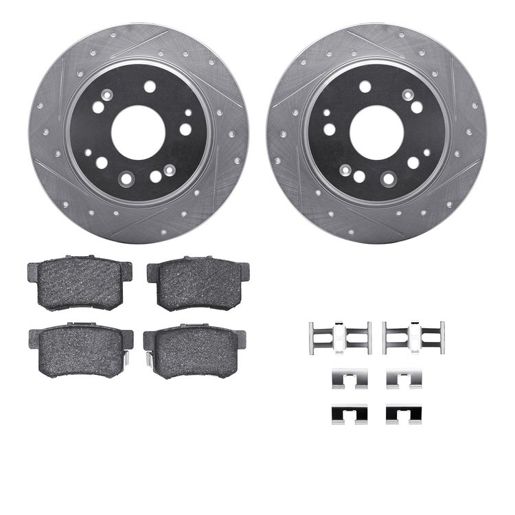 7512-58018 Drilled/Slotted Brake Rotors w/5000 Advanced Brake Pads Kit & Hardware [Silver], 2001-2003 Acura/Honda, Position: Rea