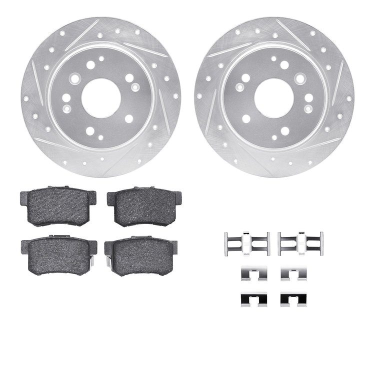 7512-58022 Drilled/Slotted Brake Rotors w/5000 Advanced Brake Pads Kit & Hardware [Silver], 2003-2011 Acura/Honda, Position: Rea