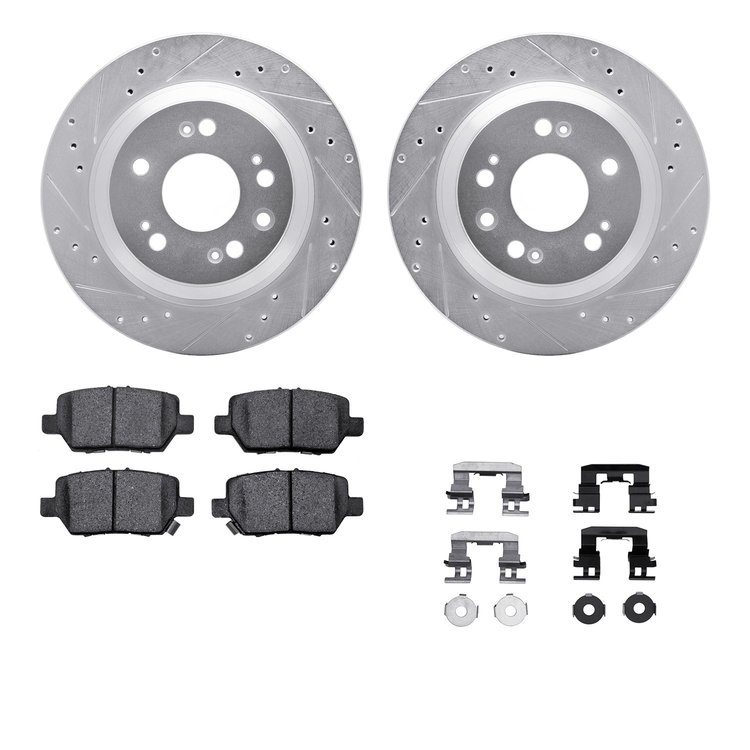 7512-58028 Drilled/Slotted Brake Rotors w/5000 Advanced Brake Pads Kit & Hardware [Silver], 2005-2012 Acura/Honda, Position: Rea