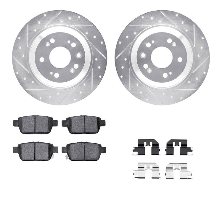 7512-58029 Drilled/Slotted Brake Rotors w/5000 Advanced Brake Pads Kit & Hardware [Silver], 2009-2014 Acura/Honda, Position: Rea
