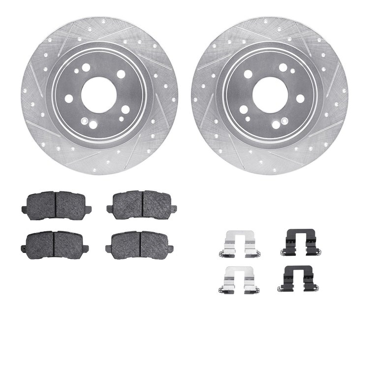7512-58039 Drilled/Slotted Brake Rotors w/5000 Advanced Brake Pads Kit & Hardware [Silver], 2017-2020 Acura/Honda, Position: Rea
