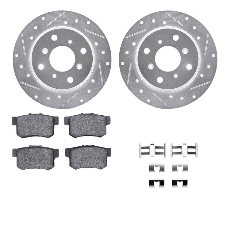7512-59007 Drilled/Slotted Brake Rotors w/5000 Advanced Brake Pads Kit & Hardware [Silver], 1992-1996 Acura/Honda, Position: Rea