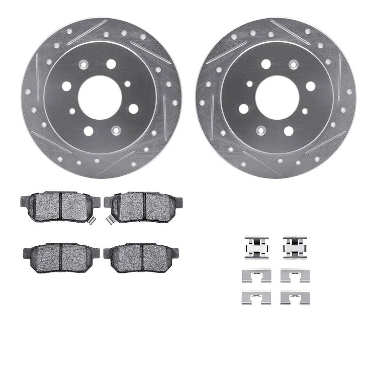 7512-59008 Drilled/Slotted Brake Rotors w/5000 Advanced Brake Pads Kit & Hardware [Silver], 1989-1989 Acura/Honda, Position: Rea