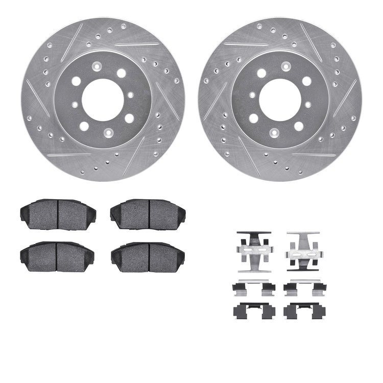 7512-59012 Drilled/Slotted Brake Rotors w/5000 Advanced Brake Pads Kit & Hardware [Silver], 1990-1993 Acura/Honda, Position: Fro