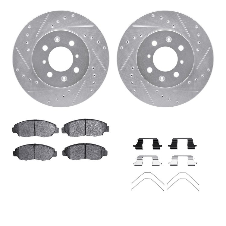 7512-59017 Drilled/Slotted Brake Rotors w/5000 Advanced Brake Pads Kit & Hardware [Silver], 1996-2014 Acura/Honda, Position: Fro
