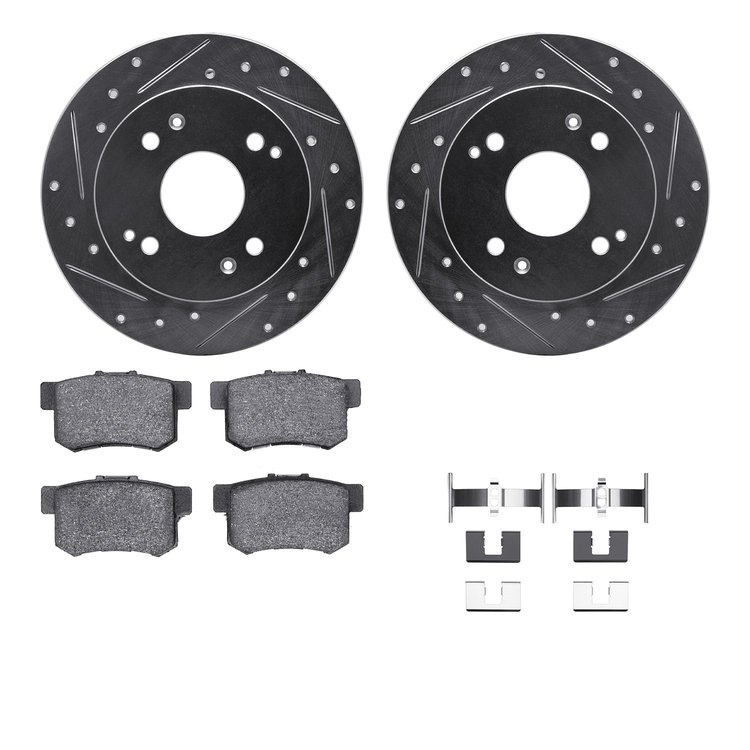 7512-59022 Drilled/Slotted Brake Rotors w/5000 Advanced Brake Pads Kit & Hardware [Silver], 1997-1997 Acura/Honda, Position: Rea