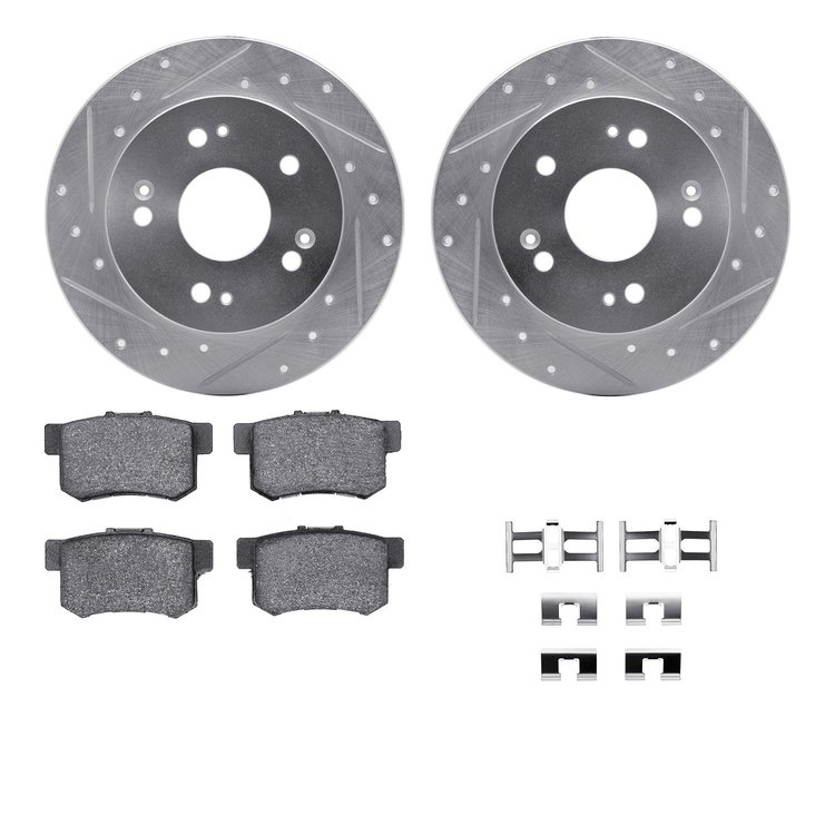 7512-59028 Drilled/Slotted Brake Rotors w/5000 Advanced Brake Pads Kit & Hardware [Silver], 1997-2015 Acura/Honda, Position: Rea
