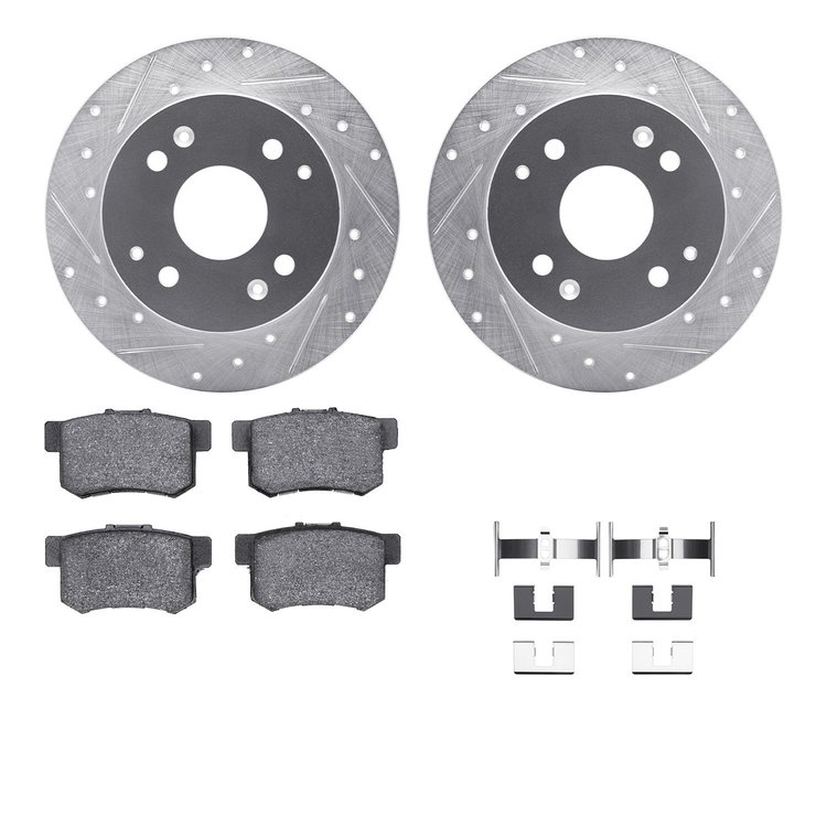 7512-59030 Drilled/Slotted Brake Rotors w/5000 Advanced Brake Pads Kit & Hardware [Silver], 1998-1999 Acura/Honda, Position: Rea