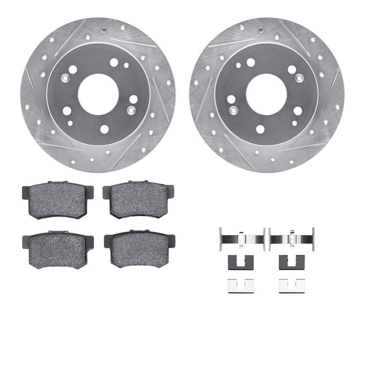 7512-59032 Drilled/Slotted Brake Rotors w/5000 Advanced Brake Pads Kit & Hardware [Silver], 1998-2002 Acura/Honda, Position: Rea