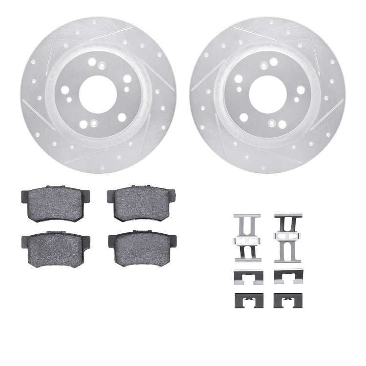 7512-59034 Drilled/Slotted Brake Rotors w/5000 Advanced Brake Pads Kit & Hardware [Silver], 2000-2009 Acura/Honda, Position: Rea