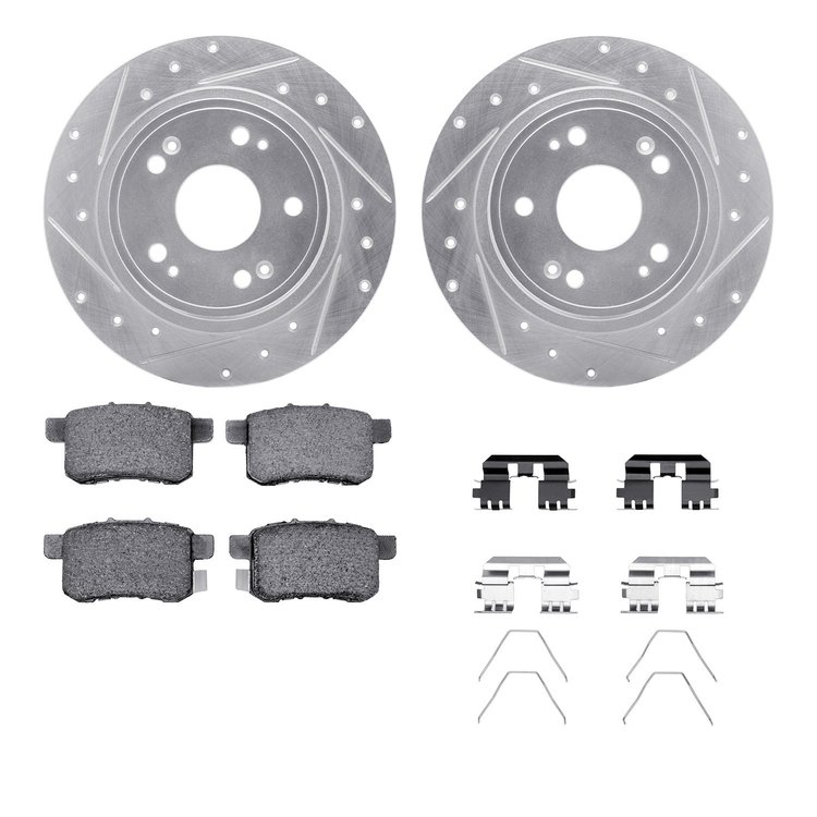 7512-59044 Drilled/Slotted Brake Rotors w/5000 Advanced Brake Pads Kit & Hardware [Silver], 2008-2017 Acura/Honda, Position: Rea