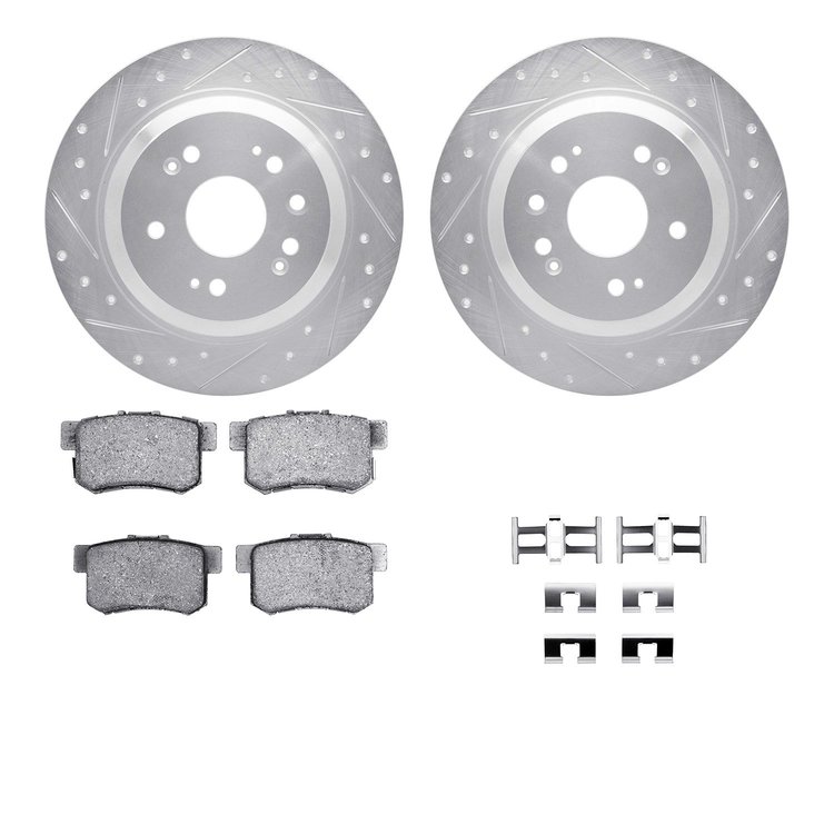 7512-59045 Drilled/Slotted Brake Rotors w/5000 Advanced Brake Pads Kit & Hardware [Silver], 2010-2015 Acura/Honda, Position: Rea