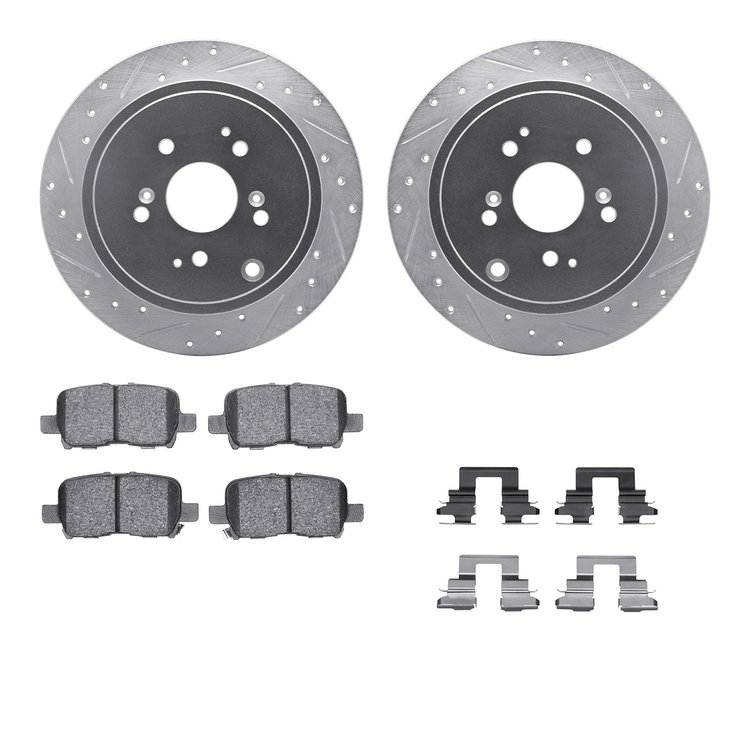 7512-59062 Drilled/Slotted Brake Rotors w/5000 Advanced Brake Pads Kit & Hardware [Silver], 2001-2008 Acura/Honda, Position: Rea