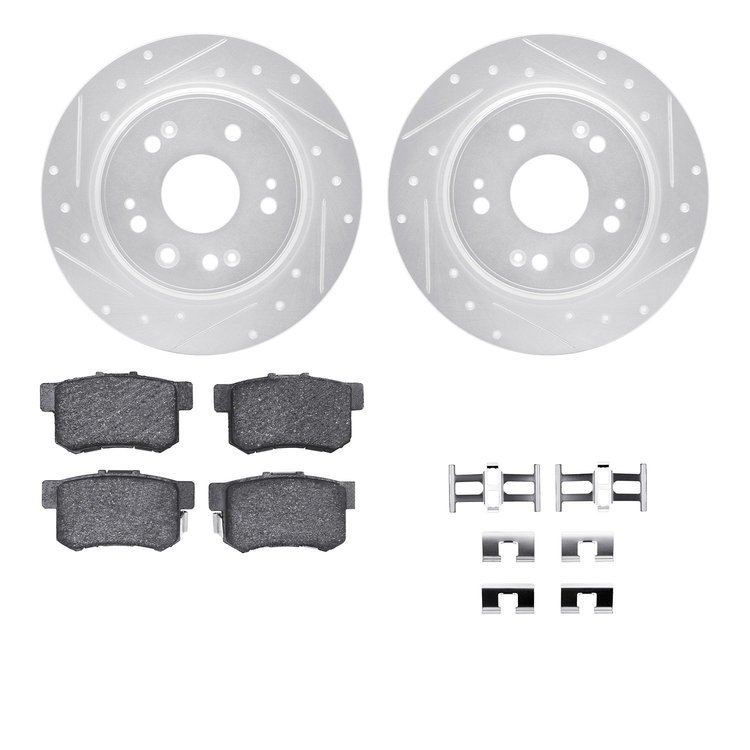7512-59072 Drilled/Slotted Brake Rotors w/5000 Advanced Brake Pads Kit & Hardware [Silver], 2002-2004 Acura/Honda, Position: Rea