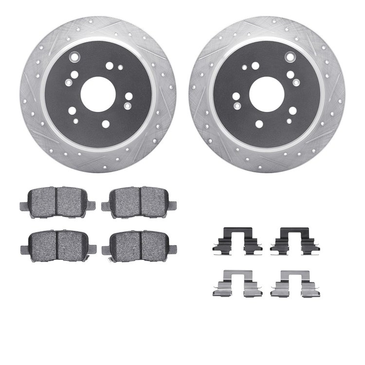 7512-59073 Drilled/Slotted Brake Rotors w/5000 Advanced Brake Pads Kit & Hardware [Silver], 2002-2004 Acura/Honda, Position: Rea