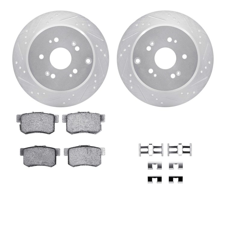 7512-59076 Drilled/Slotted Brake Rotors w/5000 Advanced Brake Pads Kit & Hardware [Silver], 2005-2018 Acura/Honda, Position: Rea