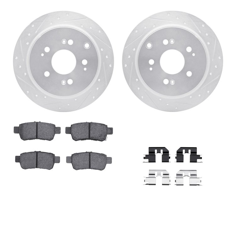 7512-59079 Drilled/Slotted Brake Rotors w/5000 Advanced Brake Pads Kit & Hardware [Silver], 2005-2010 Acura/Honda, Position: Rea