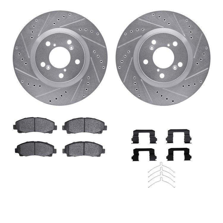 7512-59084 Drilled/Slotted Brake Rotors w/5000 Advanced Brake Pads Kit & Hardware [Silver], 2009-2014 Acura/Honda, Position: Fro