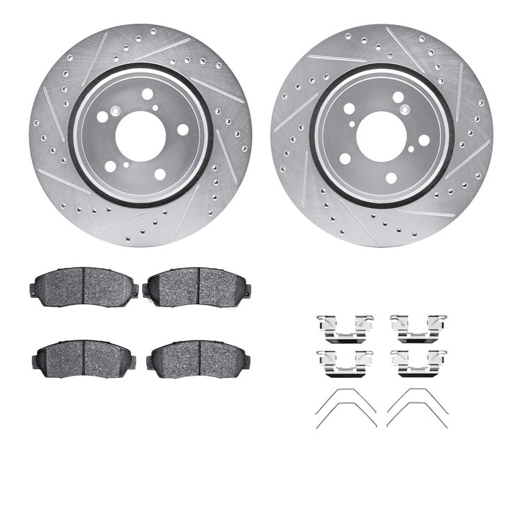 7512-59087 Drilled/Slotted Brake Rotors w/5000 Advanced Brake Pads Kit & Hardware [Silver], Fits Select Acura/Honda, Position: F