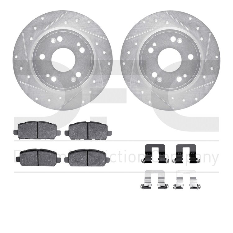 7512-59097 Drilled/Slotted Brake Rotors w/5000 Advanced Brake Pads Kit & Hardware [Silver], 2016-2016 Acura/Honda, Position: Rea