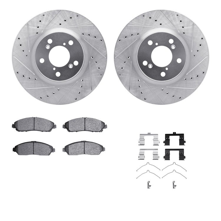 7512-59100 Drilled/Slotted Brake Rotors w/5000 Advanced Brake Pads Kit & Hardware [Silver], 2007-2015 Acura/Honda, Position: Fro