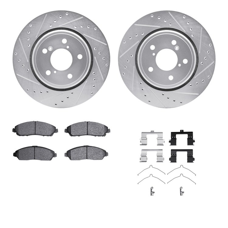 7512-59101 Drilled/Slotted Brake Rotors w/5000 Advanced Brake Pads Kit & Hardware [Silver], Fits Select Acura/Honda, Position: F