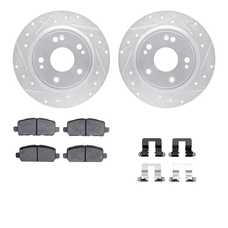 7512-59105 Drilled/Slotted Brake Rotors w/5000 Advanced Brake Pads Kit & Hardware [Silver], Fits Select Acura/Honda, Position: R