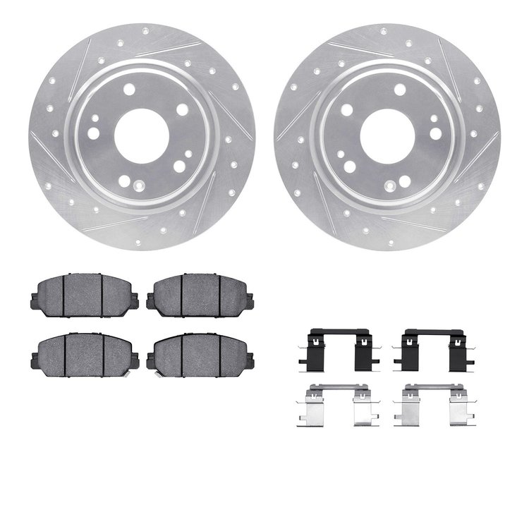 7512-59111 Drilled/Slotted Brake Rotors w/5000 Advanced Brake Pads Kit & Hardware [Silver], Fits Select Acura/Honda, Position: F