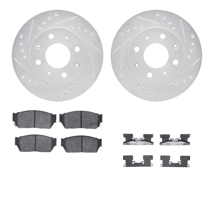 7512-59112 Drilled/Slotted Brake Rotors w/5000 Advanced Brake Pads Kit & Hardware [Silver], 1983-1983 Acura/Honda, Position: Fro