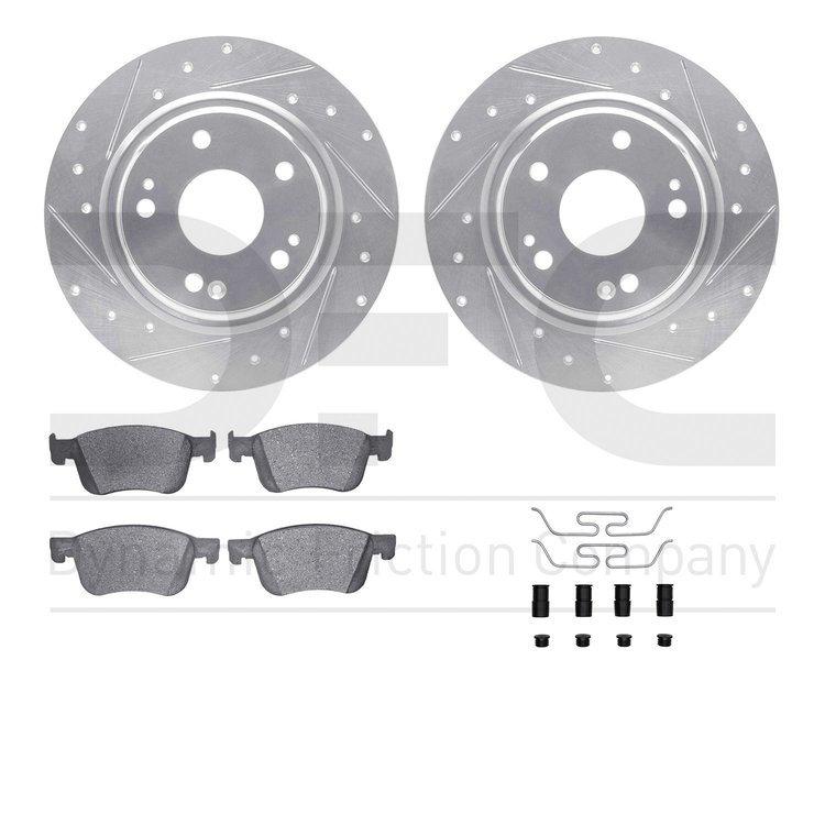 7512-59116 Drilled/Slotted Brake Rotors w/5000 Advanced Brake Pads Kit & Hardware [Silver], Fits Select Acura/Honda, Position: F