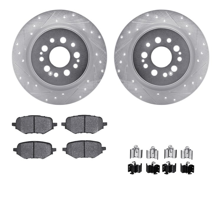 7512-59127 Drilled/Slotted Brake Rotors w/5000 Advanced Brake Pads Kit & Hardware [Silver], Fits Select Acura/Honda, Position: R