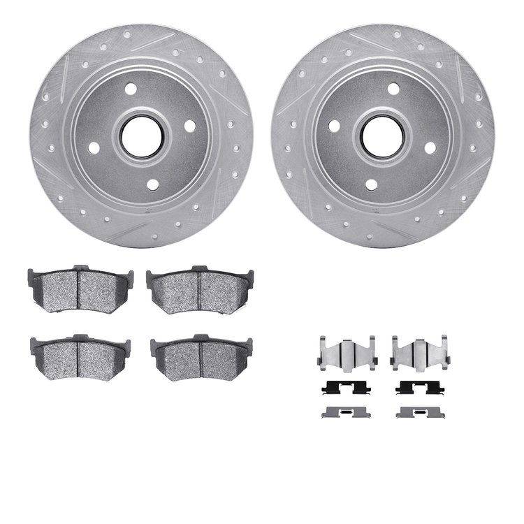 7512-59141 Drilled/Slotted Brake Rotors w/5000 Advanced Brake Pads Kit & Hardware [Silver], 1984-1987 Acura/Honda, Position: Rea
