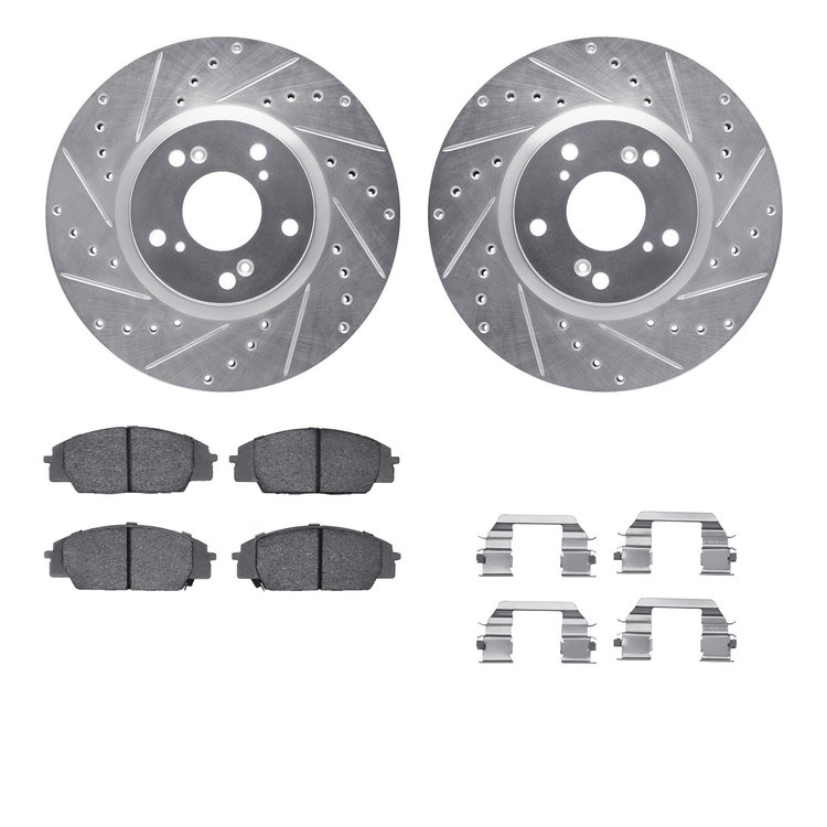 7512-59358 Drilled/Slotted Brake Rotors w/5000 Advanced Brake Pads Kit & Hardware [Silver], 2002-2007 Acura/Honda, Position: Fro