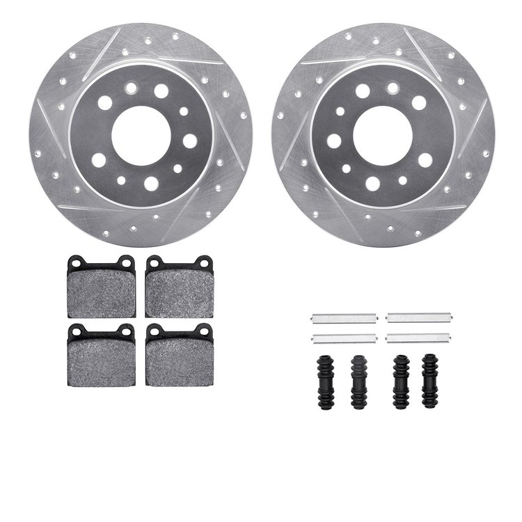 7512-63008 Drilled/Slotted Brake Rotors w/5000 Advanced Brake Pads Kit & Hardware [Silver], 1967-1991 Mercedes-Benz, Position: R