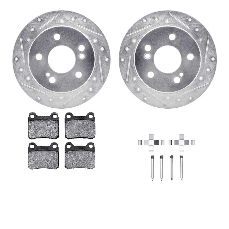 7512-63026 Drilled/Slotted Brake Rotors w/5000 Advanced Brake Pads Kit & Hardware [Silver], 1984-1995 Mercedes-Benz, Position: R