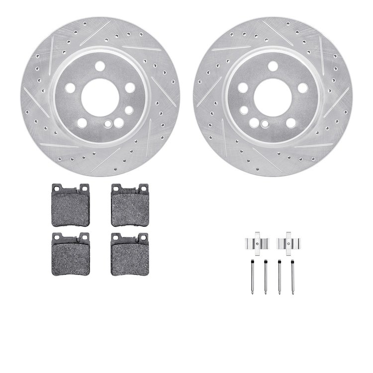 7512-63032 Drilled/Slotted Brake Rotors w/5000 Advanced Brake Pads Kit & Hardware [Silver], 1992-1999 Mercedes-Benz, Position: R