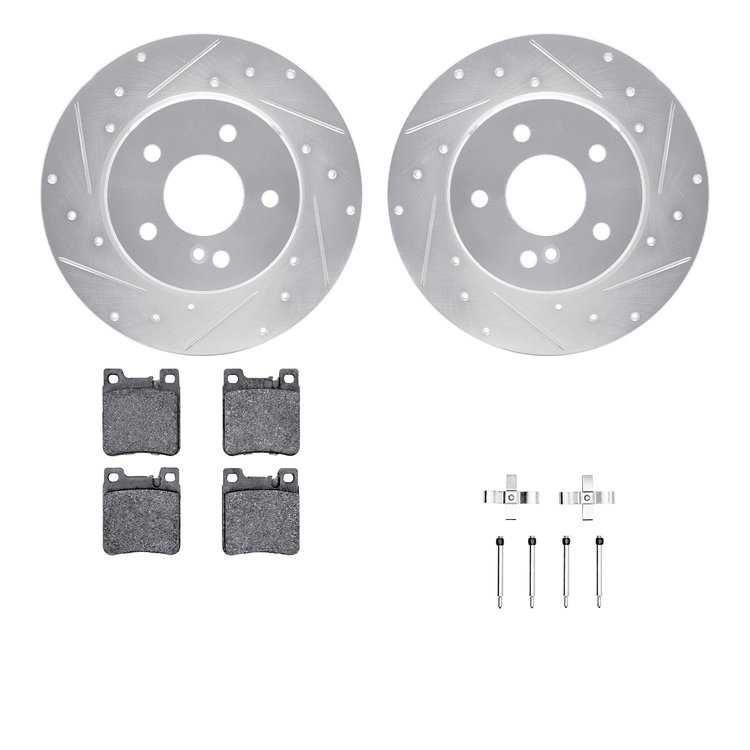 7512-63039 Drilled/Slotted Brake Rotors w/5000 Advanced Brake Pads Kit & Hardware [Silver], 1994-2000 Mercedes-Benz, Position: R
