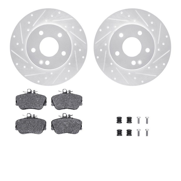7512-63042 Drilled/Slotted Brake Rotors w/5000 Advanced Brake Pads Kit & Hardware [Silver], 1997-1998 Mercedes-Benz, Position: F