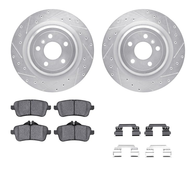 7512-63073 Drilled/Slotted Brake Rotors w/5000 Advanced Brake Pads Kit & Hardware [Silver], 2012-2019 Mercedes-Benz, Position: R