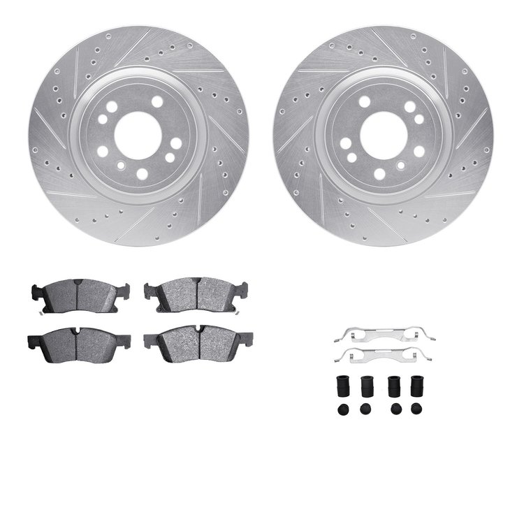 7512-63075 Drilled/Slotted Brake Rotors w/5000 Advanced Brake Pads Kit & Hardware [Silver], 2012-2018 Mercedes-Benz, Position: F