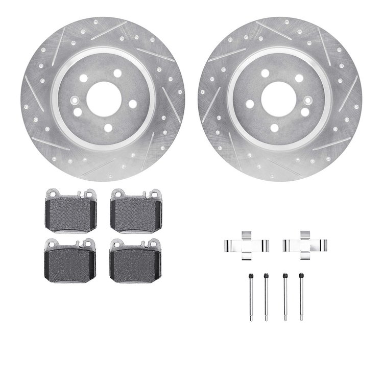 7512-63083 Drilled/Slotted Brake Rotors w/5000 Advanced Brake Pads Kit & Hardware [Silver], 2000-2005 Mercedes-Benz, Position: R